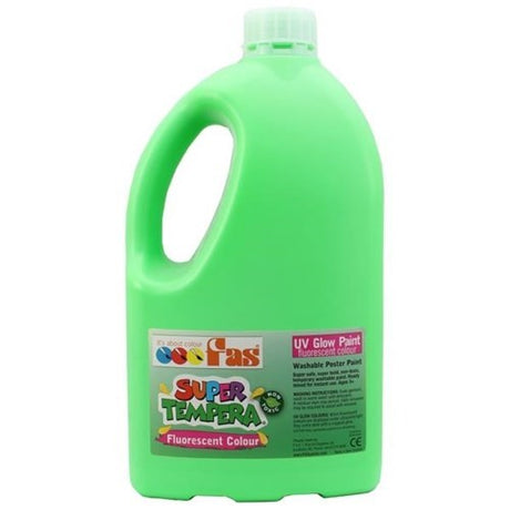 Fas Super Tempera 2ltr Fluo Green paint, vibrant, non-toxic, ideal for art projects, and glows under UV light.