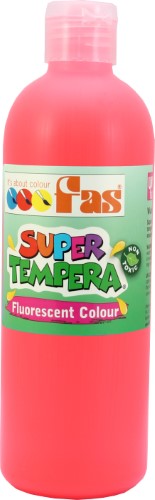 Fluo Red Fas Super Tempera 500ml paint, non-toxic, bright, ideal for artistic projects, glows under UV light.