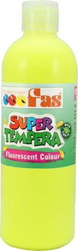 Fas Super Tempera 500ml Fluo Yellow paint bottle, vibrant fluorescent yellow, safe for all ages, ideal for artistic projects.