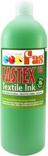 1 litre bottle of FAS Fastex Fabric Heat Set Ink in Leaf, perfect for vibrant screen printing on light-colored fabrics.