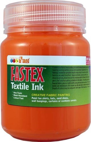 Vibrant orange heat set textile ink in a 250ml bottle, ideal for creating durable, colorful fabric prints.