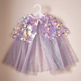 Holographic purple sequin mermaid shell cape, 49cm, perfect for dress-up and ocean-themed parties.