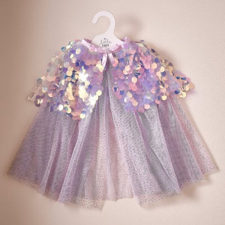 Holographic purple sequin mermaid shell cape, 49cm, perfect for dress-up and ocean-themed parties.