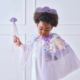 Holographic purple sequin mermaid shell cape, 49cm, perfect for dress-up and magical themed parties.