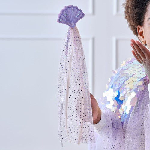 Purple sequin mermaid shell wand, perfect for imaginative dress-up, capturing the magic of the sea for little mermaids.