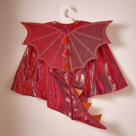 Vibrant red dragon cape for children, perfect for imaginative play and dress-up events; lightweight and comfortable design.