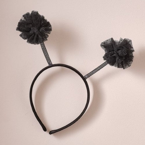 Bumblebee headband with fluffy black pom-poms for fun costumes and themed events, suitable for all ages.