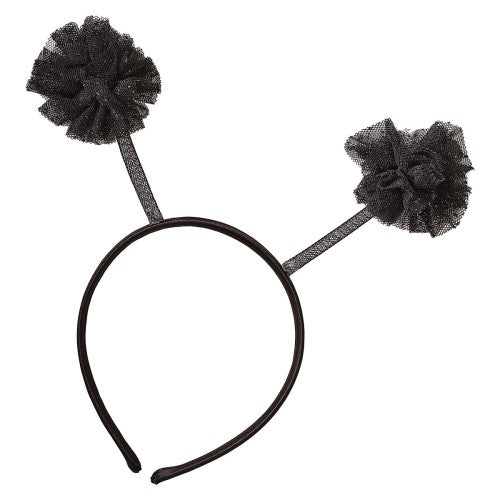 Fluffy black pom-pom headband for transforming into a delightful bumblebee at costume parties or themed events.