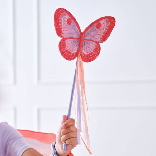 Vibrant butterfly wand with delicate embellishments, perfect for imaginative play and dress-up occasions.