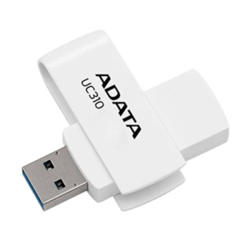 ADATA UC310 64GB white flash drive with capless swivel design for easy storage and fast USB 3.2 data transfers.