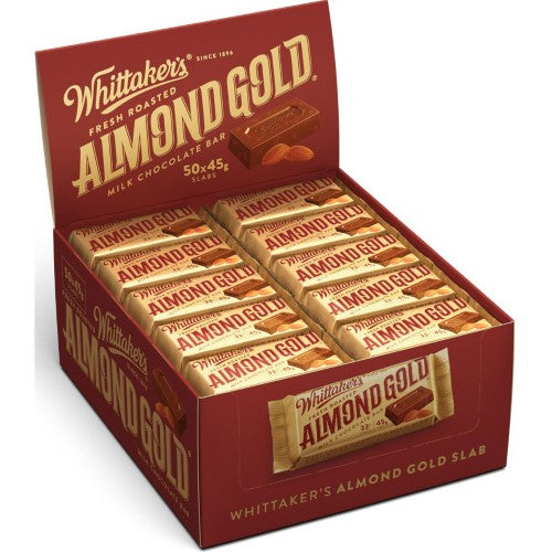 Whittaker's Almond Slab 45g bars in a 50-pack, featuring smooth chocolate and crunchy almonds for a delightful treat.