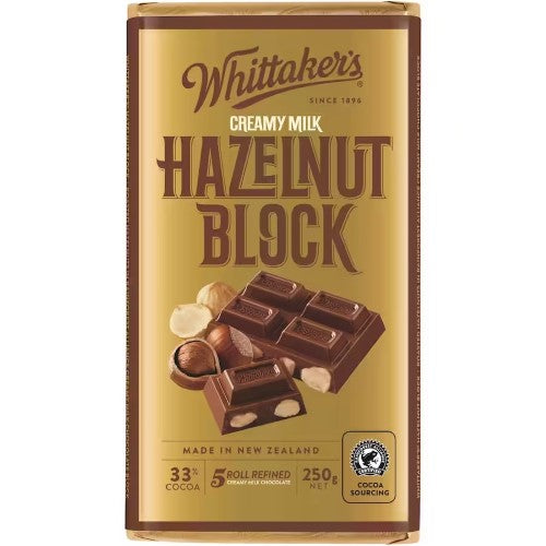 Whittaker's Block Hazelnut 250g, a 12-pack of rich chocolate with crunchy hazelnuts, perfect for gifting or indulging.