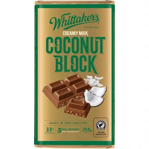 Whittaker’s Block Coconut 250g pack featuring creamy coconut shavings covered in silky chocolate, perfect for indulgence.