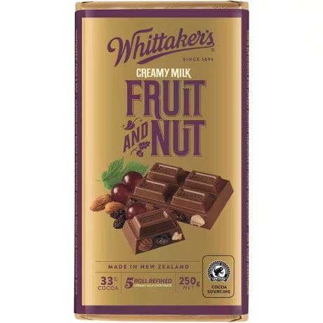 Whittaker's Fruit & Nut 250g (12 Pack) featuring creamy chocolate with nuts and fruit for an indulgent treat.