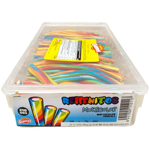 Colorful tub of 210 Damel Rainbow Blowpipes, fruity-flavored candy shaped like vibrant rainbow tubes.