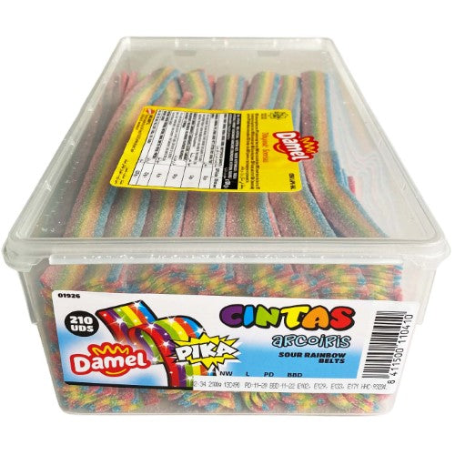 Colorful 210 pack of Damel Rainbow Belts, chewy candy with a medley of fruity flavors, perfect for snacking and celebrations.