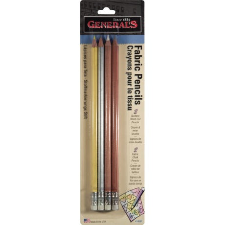 Set of 4 fabric pencils in gray, white, silver, and yellow for precise marking on fabrics, ideal for quilting and crafts.