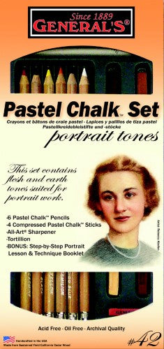 Pastel Chalk Set Portrait Tones with 6 pencils, 4 sticks, sharpener, tortillion, and lesson booklet for realistic portrait art.