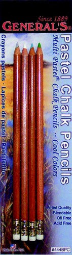 Set of four pastel chalk pencils in cool colors, made from Incense Cedar wood for smooth blending and vibrant artwork.