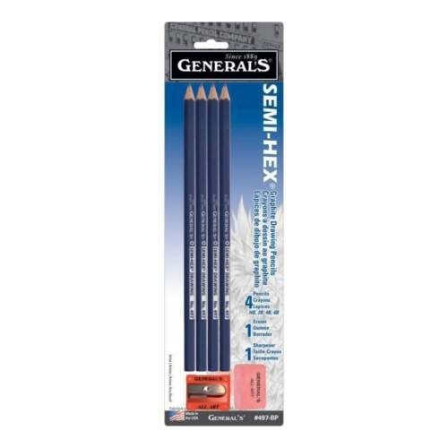 Set of four semi-hex pencils (HB, 2B, 4B, 6B) in blue cedar with eraser and sharpener for smooth sketching and shading.