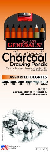 Set of 6 assorted charcoal drawing pencils with sharpener, suitable for artists creating diverse shades and textures.