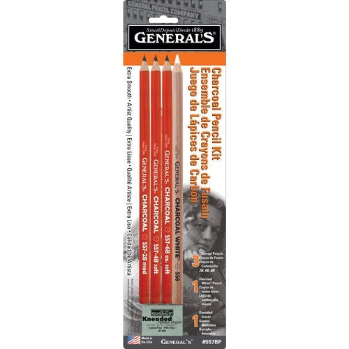 Premium charcoal pencil set with 2B, 4B, 6B, charcoal white pencil, and kneaded eraser for versatile artistic expression.