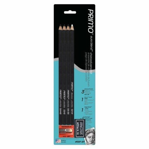 Premium Primo Euro Blend Charcoal set with sharpener and eraser, featuring four grades for versatile artistic applications.