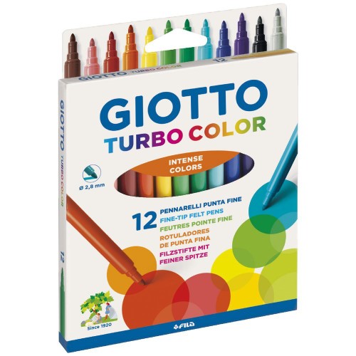 Vibrant Giotto Turbo Colour Felt tips in 12 shades, featuring washable ink and durable precision tips for creative projects.