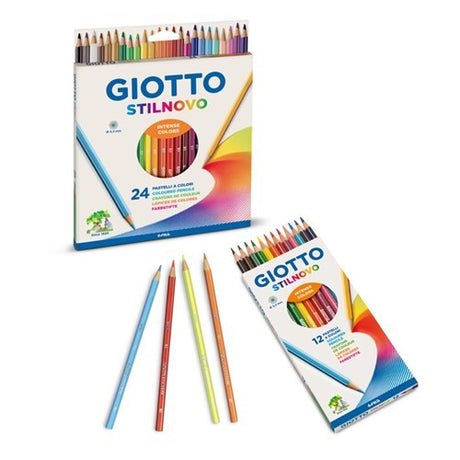 Giotto Stilnovo artist pencils box of 12, featuring vibrant colors, hexagonal shape, and space for names, ideal for students.