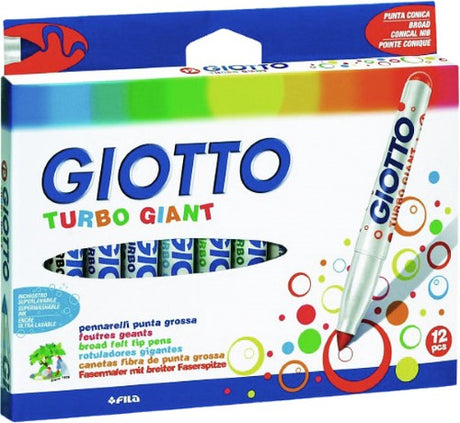 Box of 12 Giotto Turbo Giant Felt Pens with vibrant, washable colors, featuring a conical nib for versatile art projects.