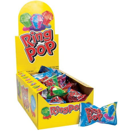 Colorful 24-pack of Ring Pops featuring fruity flavors in a fun, wearable ring shape, perfect for parties and celebrations.