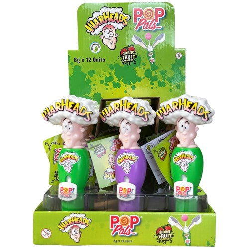 Colorful 12-pack of Warheads Pop Pals lollipops, featuring fun fruity flavors with a sour twist, each weighing 8g.