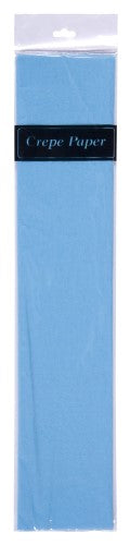 Light blue crepe paper roll (50cm x 2m) ideal for crafts, decorations, and floral designs for various celebrations.