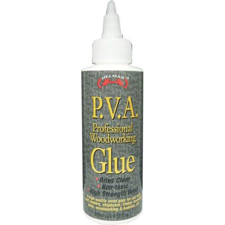 Clear drying Helmar Prof PVA Wood Glue 250ml bottle, ideal for strong bonds in woodworking and crafts. Non-toxic and user-friendly.