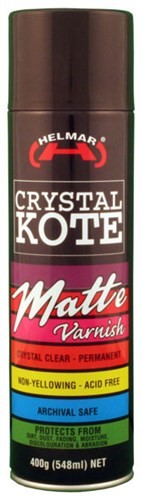 Aerosol spray can of Helmar Crystal Kote Matt 400g offering a non-yellowing matte finish for preserving artwork and crafts.