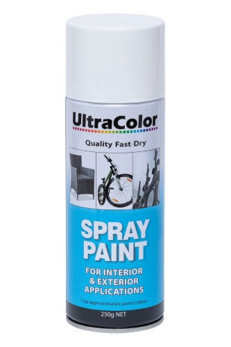 Ultracolor 250g Matt White Spray Paint, fast-drying, lead-free, customizable nozzle for smooth finishes on various surfaces.