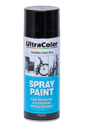 Ultracolor 250g Matt Black Spray Paint can, featuring an adjustable nozzle for precise application and a rich matte finish.