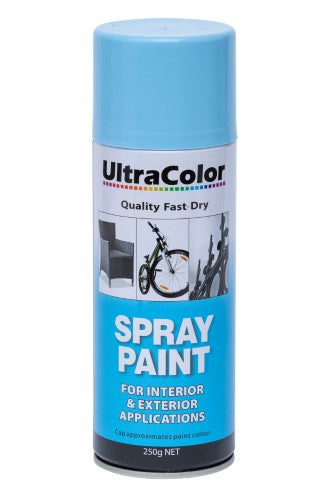 Ultracolor 250g Baby Blue spray paint can, showcasing vibrant color and an adjustable nozzle for precise application.