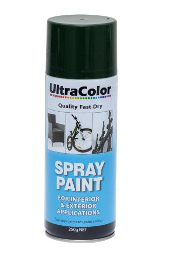 Ultracolor 250g Heritage Green spray paint offers a fast-drying, high gloss finish for various projects and surfaces.