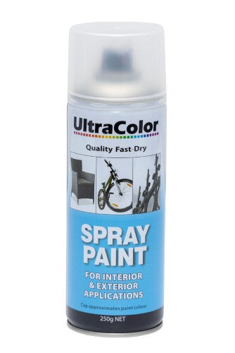 Ultracolor 250g Clear Gloss Spray Paint can, showcasing fast-drying, lead-free formula for a high gloss finish on various surfaces.