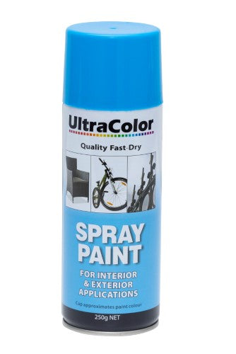 Spray paint can in sky blue, 250g, with adjustable nozzle for versatile application and high gloss finish.