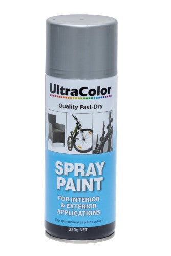 High-quality Ultracolor 250g Silver spray paint, fast-drying with a brilliant gloss finish, ideal for DIY and artistic projects.