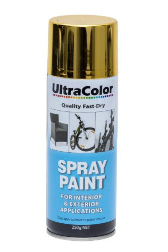 Ultracolor 250g Gold spray paint can, showcasing a high gloss finish and adjustable nozzle for versatile application.