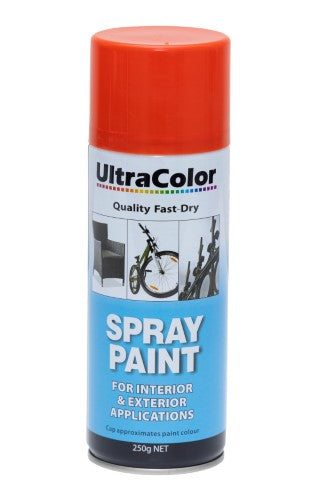 Vibrant Ultracolor Scarlet spray paint in a 250g can, offering high gloss finish and adjustable spray nozzle for versatile applications.