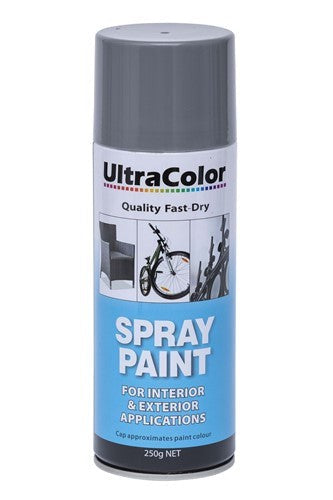 Ultracolor 250g Grey Primer spray paint can for DIY projects, featuring adjustable nozzle and fast-drying, high gloss formula.