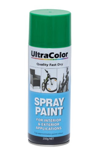 Ultracolor 250g Emerald Green spray paint, fast-drying with high gloss finish, adjustable nozzle for versatile application.