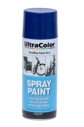 Premium Ultracolor Navy Blue spray paint, 250g, offers fast-drying, high gloss finish for versatile creative projects.