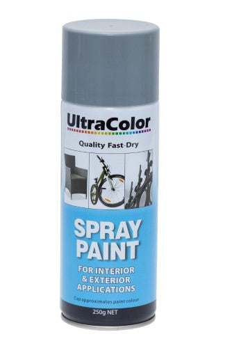 Mid Grey Ultracolor spray paint can, showcasing high gloss finish and adjustable nozzle for versatile application.