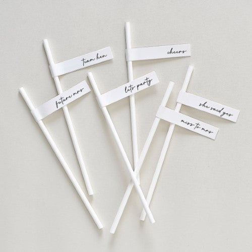 Off-white hen party straws with fun flags for bachelorette celebrations, featuring messages like 'Future Mrs' and 'Cheers'.