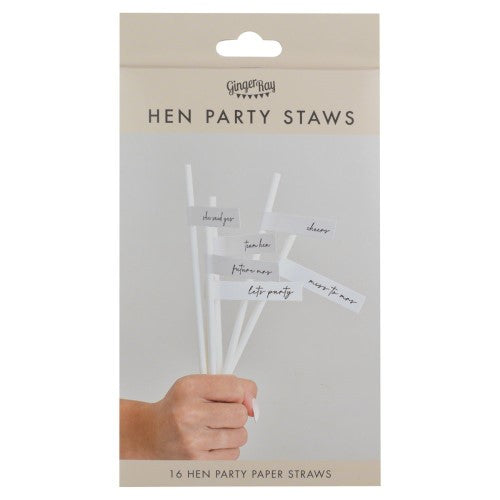 Off-white hen party straws with flags, featuring fun messages for a memorable bachelorette celebration. Pack of 16.